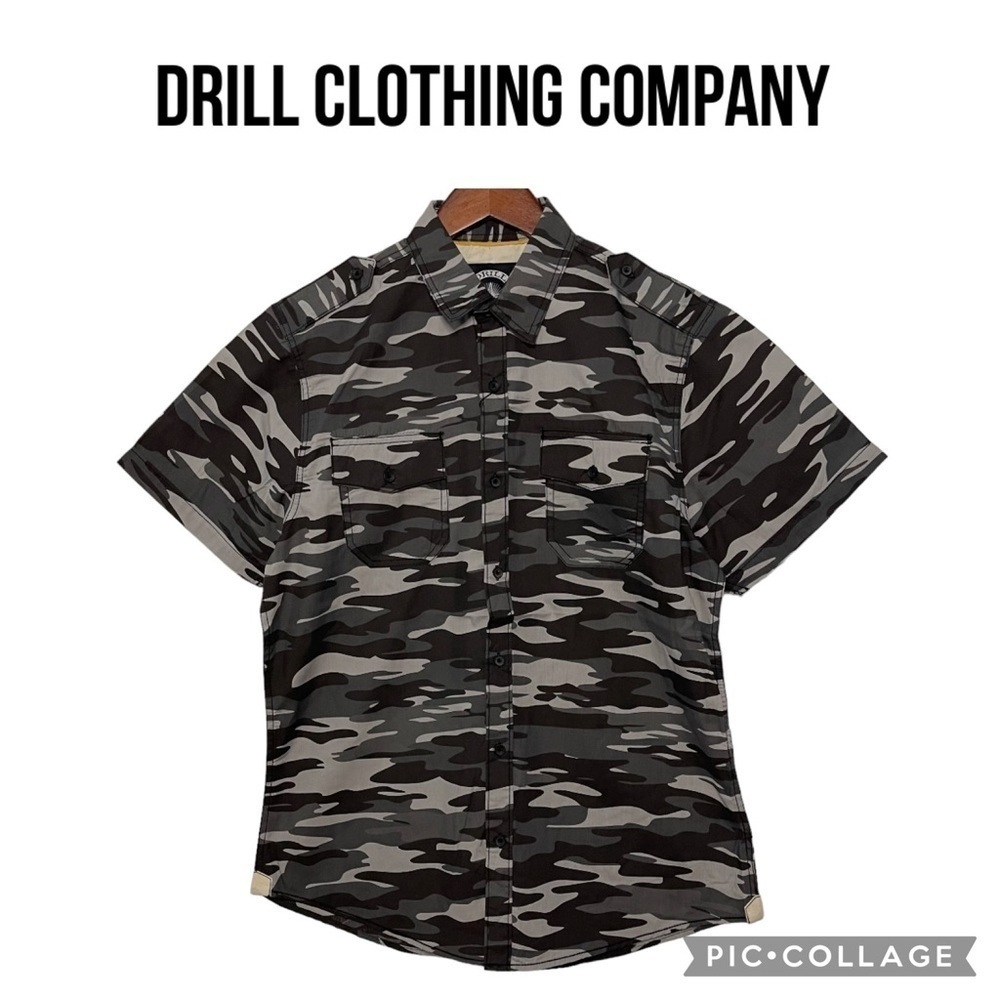 Drill clothing company grey camo military men shirt size L NWT